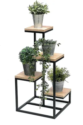 Produktbild von Moderne Blumenleiter aus Metall und Holz - 75 cm Pflanzenstand und Beistelltisch