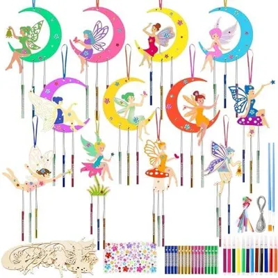 Produktbild von Zeuwets Fee Windspiel Bastelset, 12 Stück Holz Basteln Kinder Mädchen, Klangspiel Bemalen Handwerk, Feen Kreativ Bastelhandwerk, DIY Spielzeug Geschenk für Geburtstagsparty Mädchen 3 4 5 6 7 8 9 Jahre