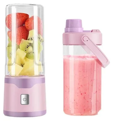 Produktbild von Tragbarer Smoothie-Mixer - Mini Standmixer - 450 ml - 60 W - 18 Edelstahlklingen - 2 Becher mit Trinkdeckel - Rosa