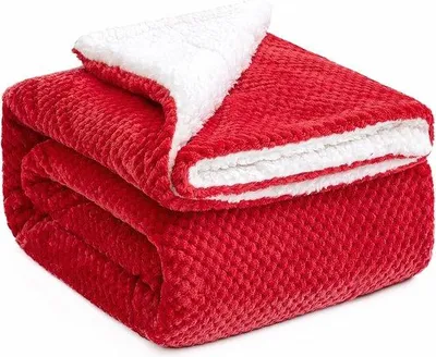 Zdjęcie produktu dla Unyqoos® Kołdra z polaru Sherpa, 150x200 cm – miękka mikrofibra, dwustronna z flaneli i polaru Sherpa, ciepła, idealna do łóżka i sofy, kolor czerwony