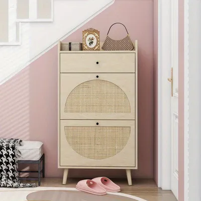 Immagine prodotto di Armadio per scarpe – Realizzato in legno naturale e rattan – 2 ante e un cassetto – Larghezza 60 cm – Mobile per l'ingresso