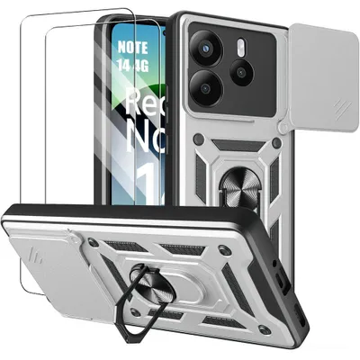 Image de Coque + 2 Verres Trempés pour Xiaomi Redmi Note 14 4G, Antichoc avec Support et Protection Objectif - Argenté