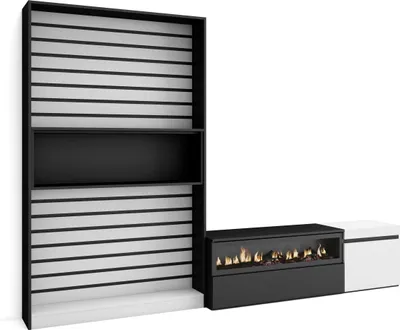 Produktbild von Wohnwand Wohnzimmer, 260x35x186cm, Für TV-Geräte bis zu 65", Elektrokamin, Weiß und Schwarz