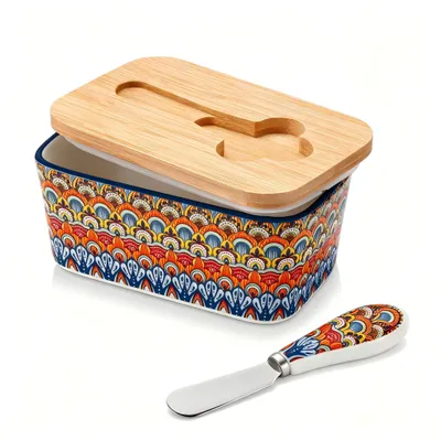 Produktbild von VANCASSO Porzellan Butterdose mit Deckel, Butterbestreichmesser, Boho-Stil, bunt