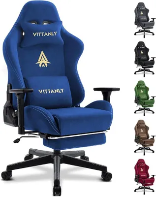 Immagine prodotto di Sedia da gaming, sedia da ufficio in ecopelle sedia ergonomica da scrivania con poggiapiedi, poggiatesta e supporto lombare, braccioli 3D, schienale regolabile da 90 a 155°, colore blu