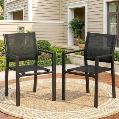 Immagine prodotto di Set di due sedie da giardino – Sedie da pranzo impilabili con braccioli – Realizzate in tessuto Textilene – Struttura in metallo – Adatte per l'uso esterno – Resistenti agli agenti atmosferici – Colore nero