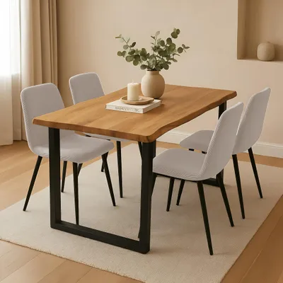 Produktbild von 5 TLG. Essgruppe Josy | 140 x 80 cm | Holz Wildeiche-Optik | Stuhl Susi Creme | U-Gestell Schwarz | Kleiner Esstisch mit 4 Stühlen | Esszimmertisch/Küchentisch/Holztisch | Esszimmer