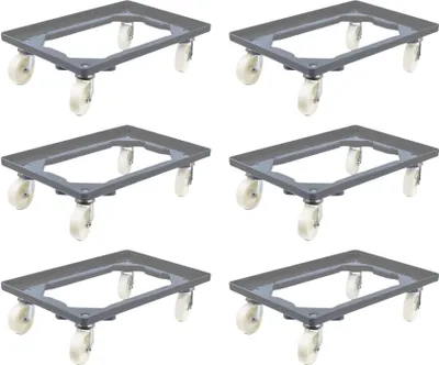 Produktbild von SparSet 6x Transportroller für Euroboxen 60x40cm mit Kunststoffräder grau | Offenes Deck | 4 Lenkrollen | Traglast 300kg | Kistenroller Logistikroller Rollwagen Profi-Fahrgestell