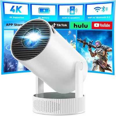 Zdjęcie produktu dla Projektor z akumulatorem, obsługujący rozdzielczość 4K, z możliwością obrotu o 220°, z wbudowanym głośnikiem i funkcją Bluetooth, oraz z automatycznym połączeniem Wi-Fi 6