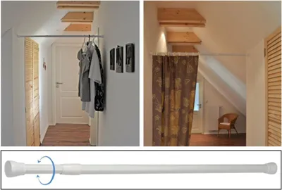 Collage showing a telescopic shower curtain rod used in different settings, including hanging clothes and as a room divider.