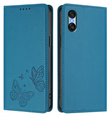 Image de Étui en cuir pour Sony Xperia 10 VI, motif papillon, étui à rabat avec porte-appareil, bleu