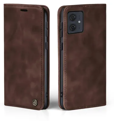 A brown leather flip case for a smartphone is shown from two angles, one closed and one open to reveal the phone's camera.