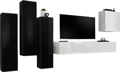 Productafbeelding van Salonmeubelset SWITCH III – Modern design – Zwart en wit hoogglans – Tv-meubel en zwevende opbergruimtes