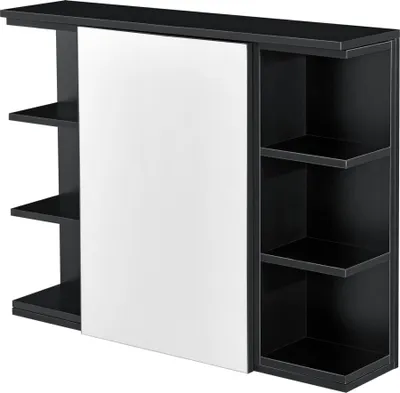 A black bathroom wall cabinet with a sliding mirrored door and open shelves.