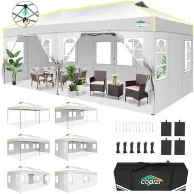 Immagine prodotto di Gazebo da esterno 3x6 metri, bianco, impermeabile, con 6 pareti laterali, protezione UV e sistema di chiusura centralizzato