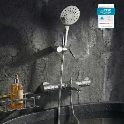 Produktbild von GROHE Duscharmatur Grohtherm 800, Duschsystem mit Wannenarmatur und BELVIT Slim Duschstange & Handbrause mit 3 Strahlarten, ohne Regendusche Dusch-Set