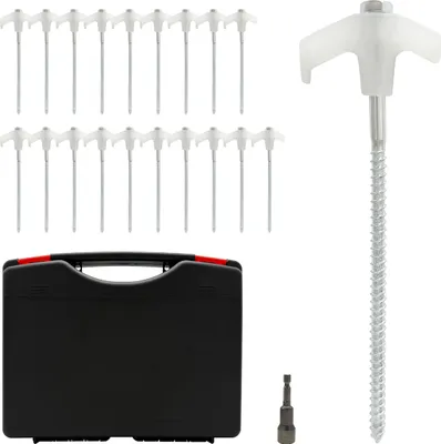 Produktbild von Relaxdays Schraubheringe, 20er Set, Zeltheringe Stahl, mit Box, 20 cm lang, leuchtend, Bodenanker, Outdoor, weiß