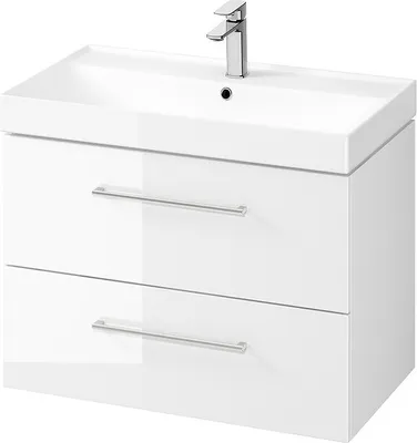 Produktbild von BADLAND Badmöbel Set Badezimmerschrank mit Keramikwaschbecken, 2-Schubladen LARGA 80 Weiß, 2x Silber Möbelgriffe