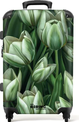 Produktbild von NoBoringSuitcases.com® Großer Koffer - Grün mit weißen Tulpen - Kombinationsschloss TSA - Hartschalen Trolley 4 Rollen - 72 liter - Reisekoffer - 66 cmKoffer Mittelgroß 67x43x25 cm, 72L,