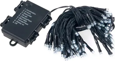 A black battery pack with 9 numbered modes and a bundle of black wire LED string lights.