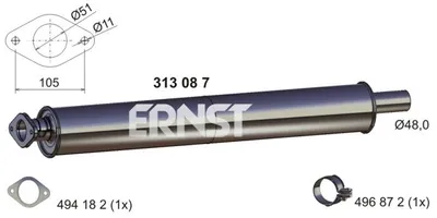 Produktbild von ERNST 313087 Vorschalldämpfer Schalldämpfer für FORD Focus II Schrägheck (DA, HCP, DP) Focus II Kombi (DA, FFS, DS) C-MAX (DM2) Focus C-Max (DM2)