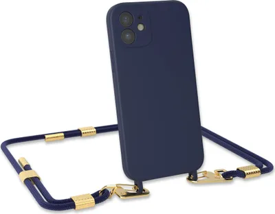 Produktbild von EAZY CASE Handykette Silikon mit Clips 2 in 1 kompatibel mit Apple iPhone 12 Handyhülle mit Umhängeband, Handykordel mit Silikon, Hülle mit Band, Kette für Smartphone, Blau - Clips Gold
