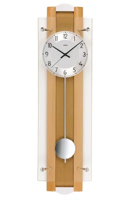 A wall clock with a pendulum.