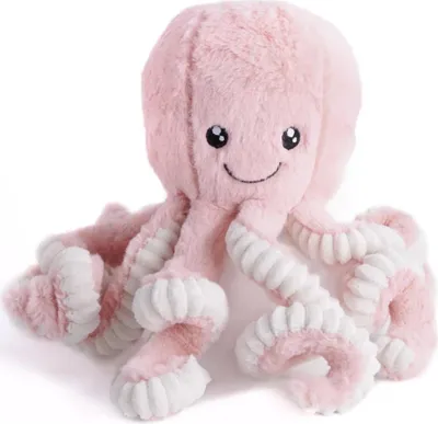 A pink plush octopus toy is shown against a white background.