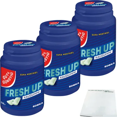Produktbild von Gut & Günstig Kaugummi Euka-Menthol Zuckerfrei mit Menthol und Eukalyptusgeschmack 3er Pack (3x50 Stk. Dose) + usy Block