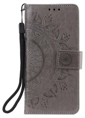 A gray flip case for a smartphone with a mandala pattern embossed on it.