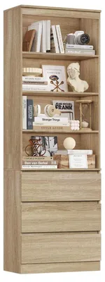 Image de Étagère haute avec 3 tiroirs, 4 compartiments, en bois d'érable, dimensions : 202 x 60 x 35 cm. Meuble vitrine
