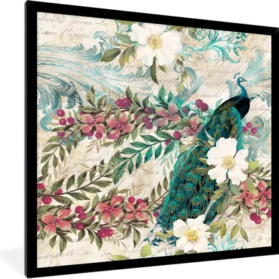 Produktbild von MuchoWow® Gerahmtes Poster Blumen - Kunst - Pfau 40x40 cm - Poster mit Schwarzem Bilderrahmen Wandposter Rahmen Foto Bilder - Mit Rahmen - Wanddekoration Schlafzimmer