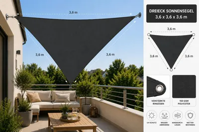 Produktbild von Sonnensegel Dreieck 3m, 3,6m oder 5m Kantenlänge | Wasserabweisend & UV-Schutz | für Balkon, Terrasse & Garten | verstärkte Ösen | 3,6m, Anthrazit