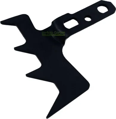 A black metal chainsaw part with sharp teeth, isolated on a white background.