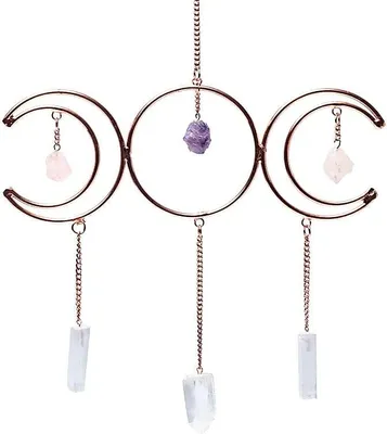 Produktbild von Fensterhänger Dreifachmond, goldenes Dreieck und Selenit – ±34 x 22 cm