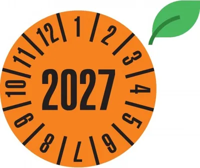 Produktbild von Dreifke® Prüfplakette 2027, orange, ökologische Folie, selbstklebend, Ø 30mm,...
