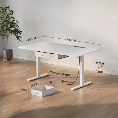 Obrázek produktu pro Výškově nastavitelný psací stůl - Elektrický stůl s možností sezení i stání, rozměry 140x80 cm - Pracovní/herní stůl - Robustní kovová konstrukce s zásuvkou - Šuplika - Bílá barva