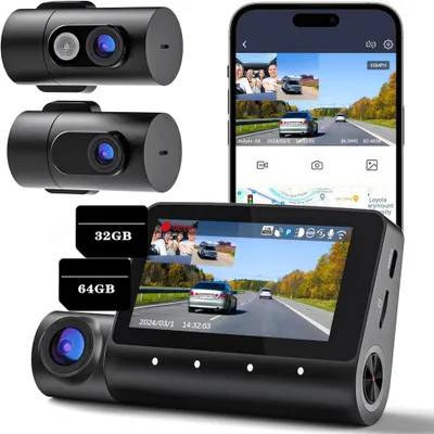 Produktbild von 3-Kamera 1080P Fahrrekorder Auto mit 170° Weitwinkelobjektiv Dashcam mit 32&64GB (Nachtsichtfunktion)
