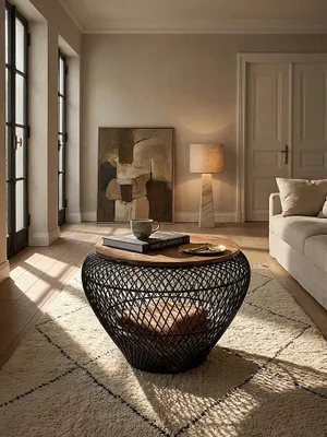 Runder Couchtisch aus Mango Massivholz und schwarzem Metallkorb im modernen Wohnzimmer vor bodentiefen Fenstern auf hellem Wollteppich_#sku_SAFWL6.707#