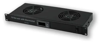 A black 1U rackmount fan unit with a thermostat and two fans is shown from a diagonal angle against a light gray background.