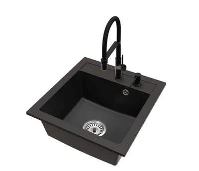 Produktbild von Küchenspüle aus Granit Schwarz mit Venice Armatur, Siphon Chrom und Seifenspender