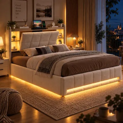 Imagen del producto de INONEFT: Cama tapizada de matrimonio de 140x200 con cabecero de cuero y estación de carga, cama con somier y espacio de almacenamiento hidráulico, cama juvenil, cama con almacenamiento, cama multifuncional