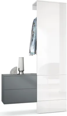 Produktbild von Vladon Garderobe Carlton Set 2, Germany, Wandgarderobe aus Deko-Paneel & hängender Schubladen-Kommode, Anthrazit matt/Weiß Hochglanz (105 x 193 x 35 cm)