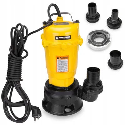A yellow submersible pump with a black base and power cord, along with several black hose adapters and a metal ring, is displayed against a white background.