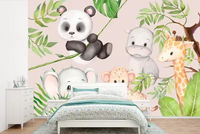 Produktbild von MuchoWow® Fototapete für Wohnzimmer oder Schlafzimmer Wandtapete Vinyl Motivtapete Dschungel - Tiere - Rosa - 330x220 cm - Fototapeten