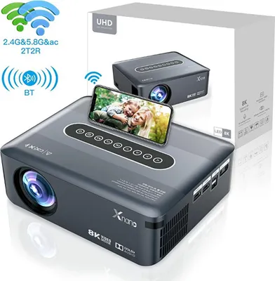 A projector is shown with a smartphone displaying a family photo on its screen, placed on top of the projector. A box with product information is in the background.