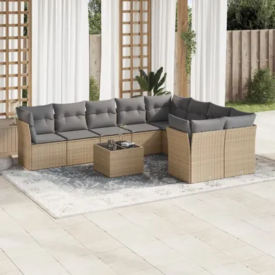 Produktbild von Design 10-tlg. Garten-Sofagarnitur mit Kissen Beige Poly Rattan, Gartenmöbel-Sets 2024 Neu