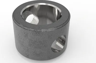 A 3D render of a metal cylindrical component with internal and external features.