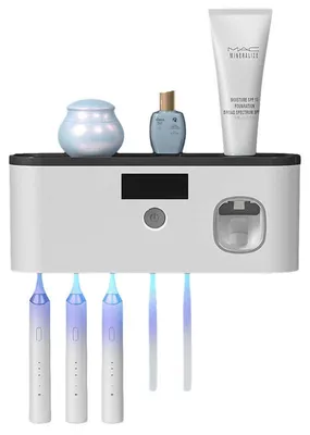 Produktbild von Zahnbürstenhalter Wandmontage ohne Bohren, Zahnbürsten‑Desinfektionsgerät mit Zahnpasta‑Spender, Solar‑Aufladung, 1200mAh, Badezimmer Aufbewahrung, Weiß‑Schwarz