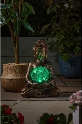 Image de Décoration Jardin Bouddha Globe Solaire, Verre Craquelé 12 cm, 10 LED Blanc Chaud, 35x26x23cm